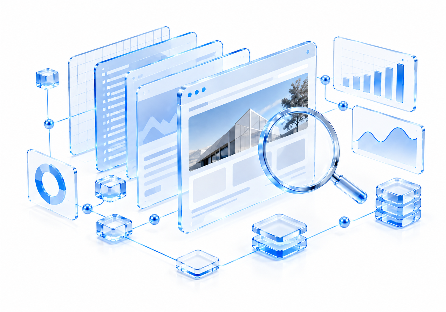 Gläserne Website-Ansichten mit Lupe und Diagrammen