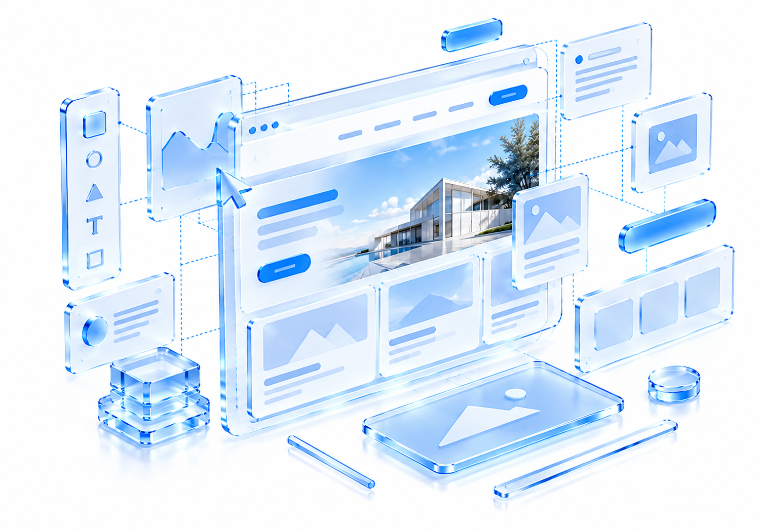 Gläserne Website-Komposition mit Gestaltungswerkzeugen