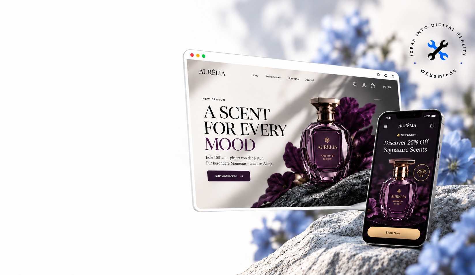 Aurélia: Desktop- und Mobilansicht eines Onlineshops für Düfte.
