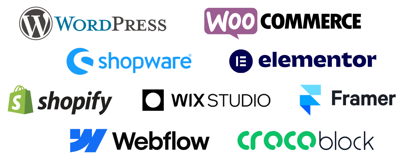 WordPress, WooCommerce, Shopware, Elementor, Shopify, Wix Studio, Framer, Webflow und Crocoblock